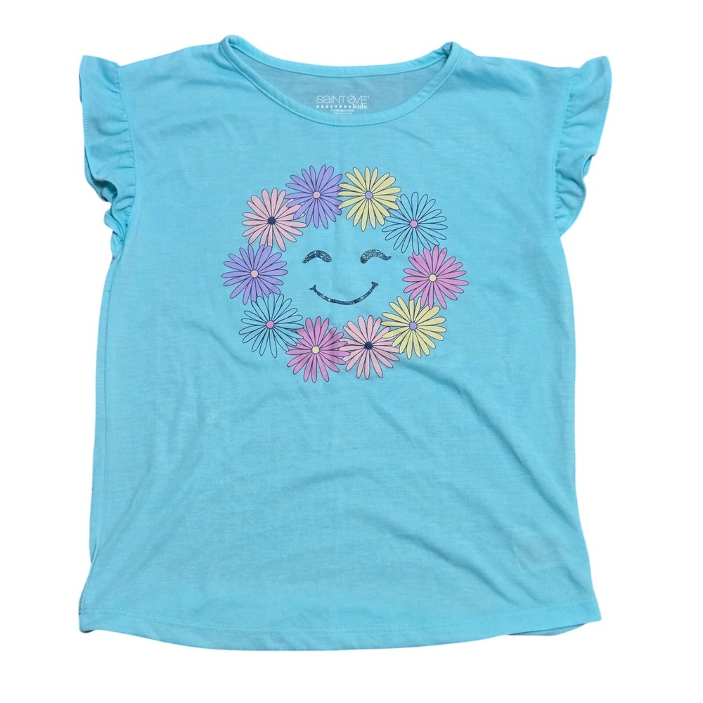 Saint Eve Kids Girls Blue Daisy Smiley Face Pajama Top Ruffle Sleeve Size 10